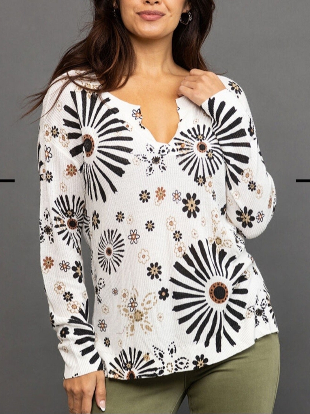 TRIBAL JEANS DAISY DREAMS FLORAL V-NECK SWEATER TOP XL